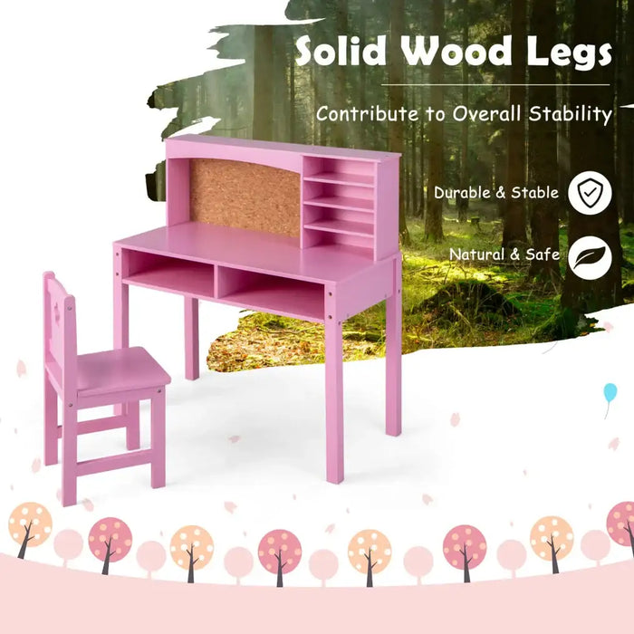 Kids Desk and Chair Set - Pink | Wooden Study Table with Storage and Cork Board COSTWAY - Little and Giant Explorers Costway