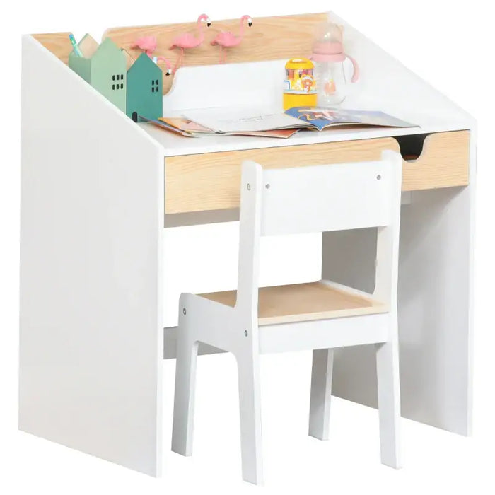 Kids Desk and Chair Set - White | Study Table with Drawer and Shelf HOMCOM - Little and Giant Explorers HOMCOM
