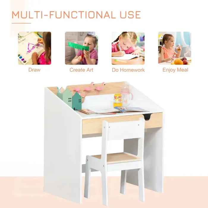 Kids Desk and Chair Set - White | Study Table with Drawer and Shelf HOMCOM - Little and Giant Explorers HOMCOM