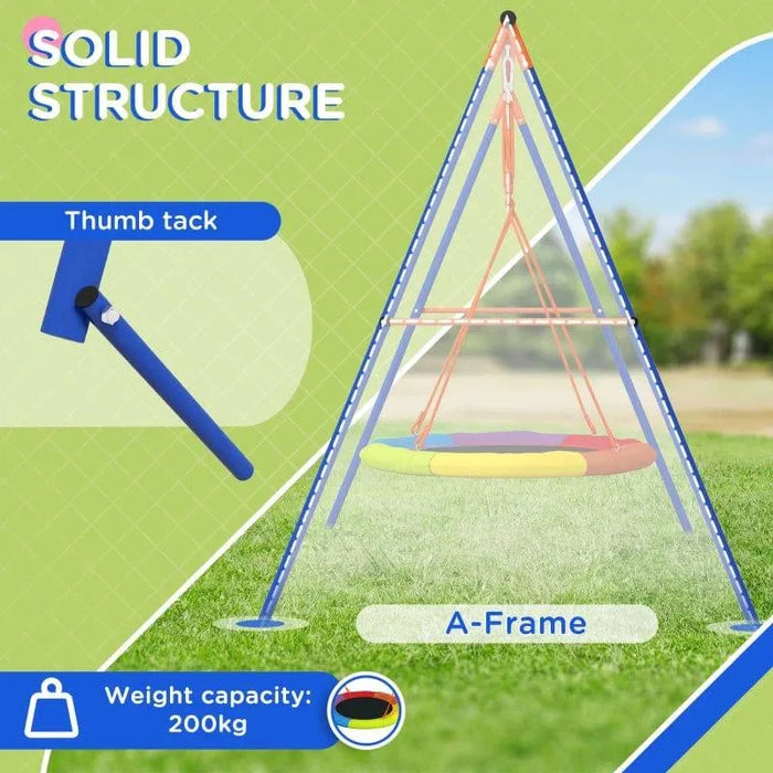 Multi-coloured kids disc swing on A-frame with solid structure, 200kg weight capacity.
