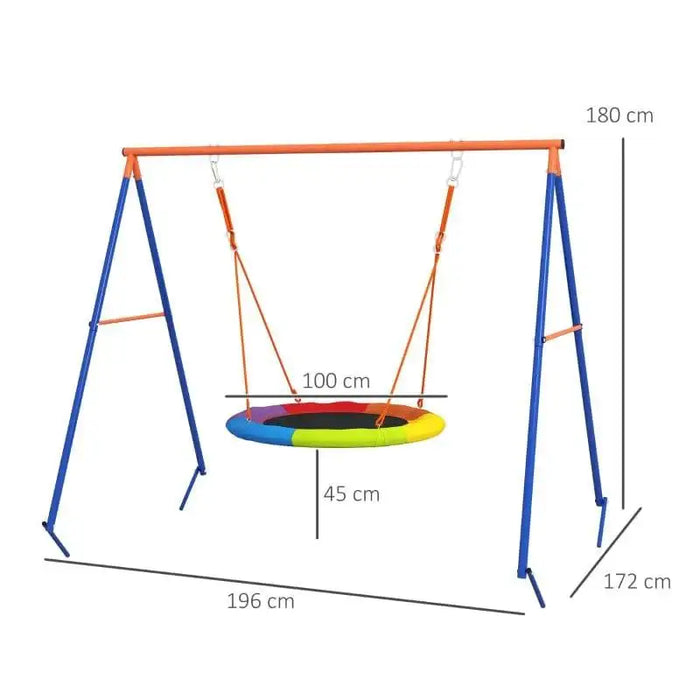 Kids multi-coloured disc swing with metal frame and size dimensions, outdoor saucer seat