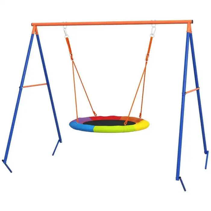 Kids multi-coloured disc swing on blue and orange metal frame outdoor playset