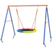 Kids multi-coloured disc swing on blue and orange metal frame outdoor playset