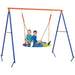 Two kids on a colorful disc swing set with blue and orange frame, white background