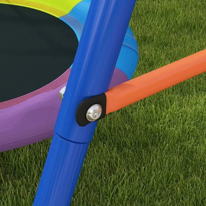 Close-up of multicoloured kid's saucer swing with blue and orange frame on grass