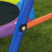 Close-up of multicoloured kid's saucer swing with blue and orange frame on grass