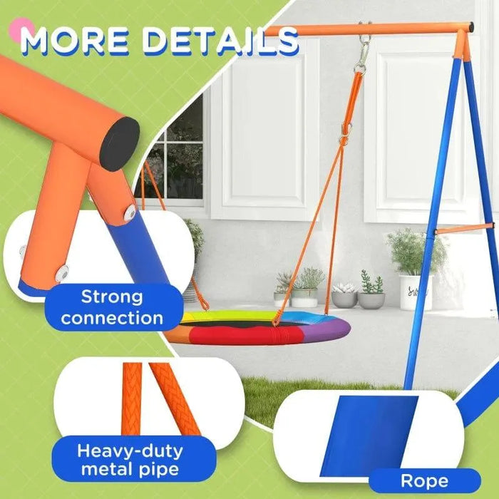 Multi-coloured kids disc swing with strong metal frame, rope, and pipe, indoors