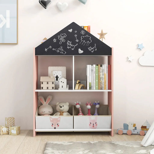 Kids Dollhouse Bookshelf – Pink Storage Unit | Chalkboard and Whiteboard COSTWAY - Little and Giant Explorers Costway