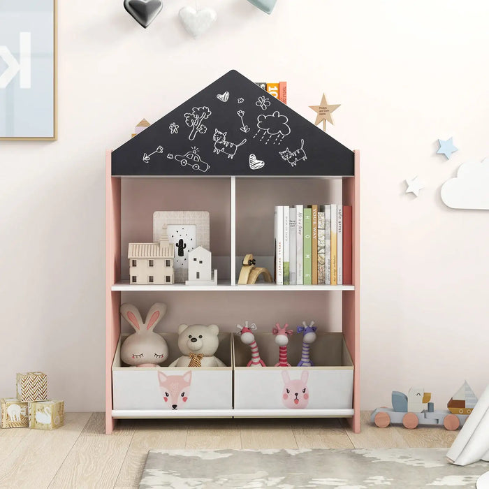 Kids Dollhouse Bookshelf – Pink Storage Unit | Chalkboard and Whiteboard COSTWAY - Little and Giant Explorers Costway