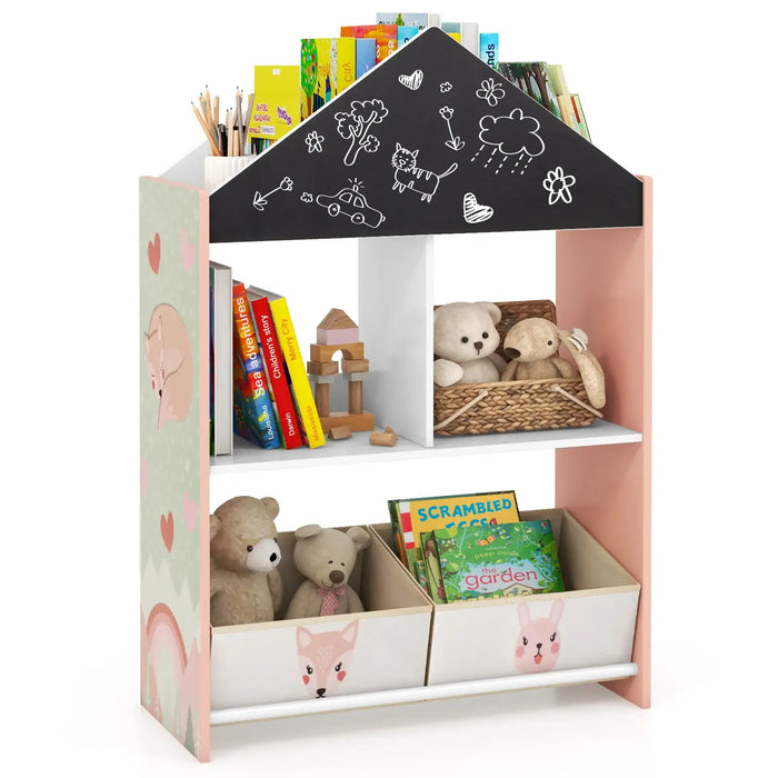 Kids Dollhouse Bookshelf – Pink Storage Unit | Chalkboard and Whiteboard COSTWAY - Little and Giant Explorers Costway