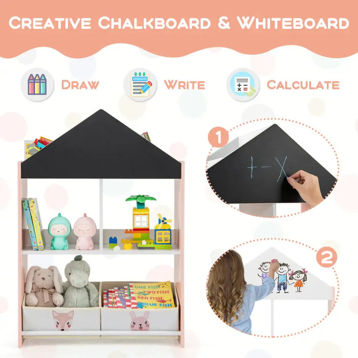 Kids Dollhouse Bookshelf – Pink Storage Unit | Chalkboard and Whiteboard COSTWAY - Little and Giant Explorers Costway