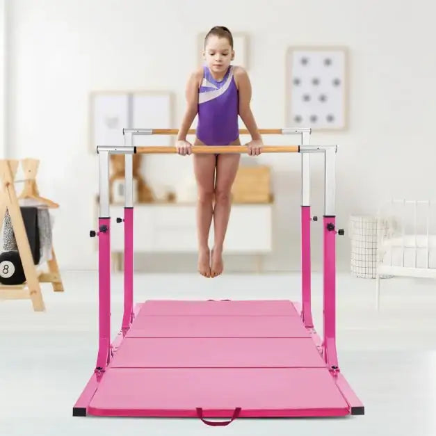 Kids Double Horizontal Bars - Pink | Gymnastic Parallel Bars - 220lbs Capacity COSTWAY - Little and Giant Explorers Costway
