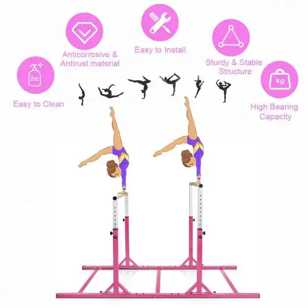 Kids Double Horizontal Bars - Pink | Gymnastic Parallel Bars - 220lbs Capacity COSTWAY - Little and Giant Explorers Costway