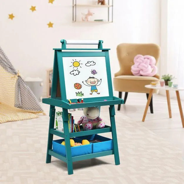 Kids double-sided easel with paper roll, magnetic whiteboard, and storage in playroom