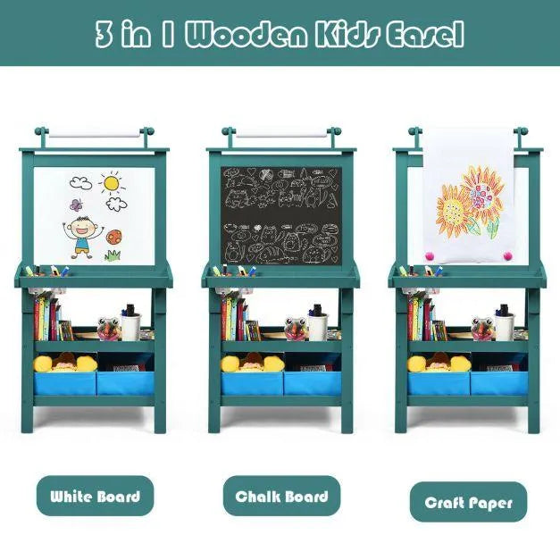 3-in-1 wooden kids easel with whiteboard, chalkboard, and craft paper, art supplies below