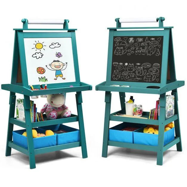 Kids double-sided easel with paper roll, whiteboard, chalkboard, and blue storage bins