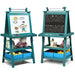 Kids double-sided easel with paper roll, whiteboard, chalkboard, and blue storage bins