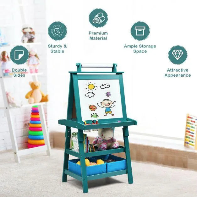 Kids double-sided easel with paper roll, magnetic whiteboard, chalkboard, and storage bins