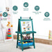 Kids double-sided easel with paper roll, magnetic whiteboard, chalkboard, and storage bins