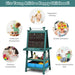 Kids double-sided easel with chalkboard, paper roll, and storage, surrounded by happy children.