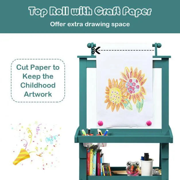 Kids double-sided easel with paper roll, sunflower drawing, art supplies, and books.