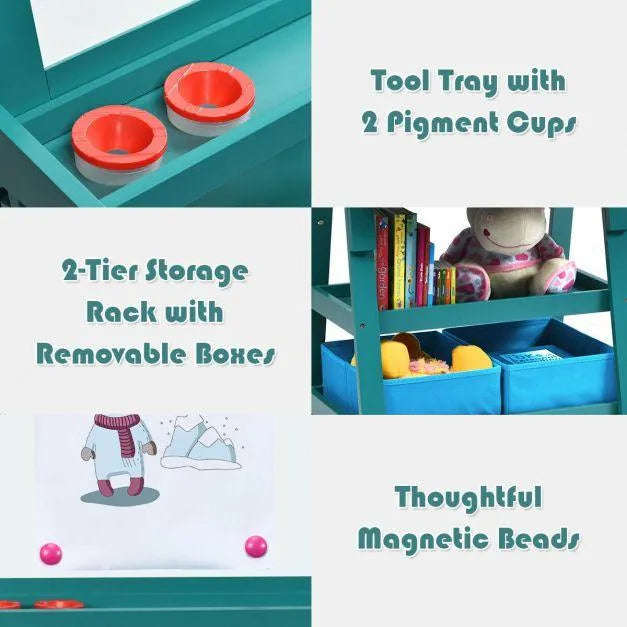 Kids double-sided easel with tool tray, pigment cups, storage rack, and magnetic beads