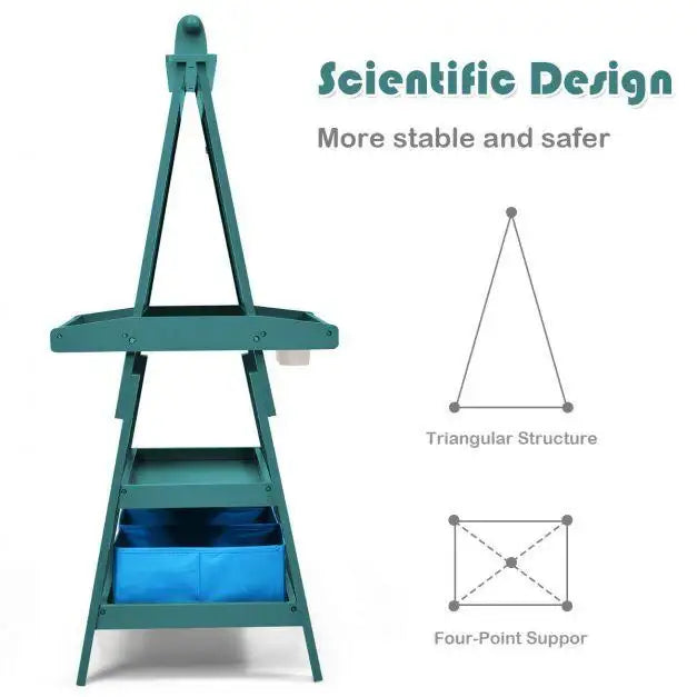 Kids double-sided easel with storage, teal frame, and scientific design diagram.