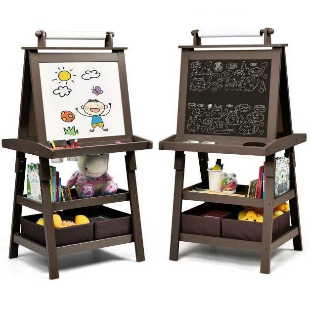 Kids double sided easel with paper roll, magnetic whiteboard, chalkboard, and storage shelves