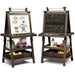 Kids double sided easel with paper roll, magnetic whiteboard, chalkboard, and storage shelves
