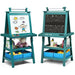 Kids double-sided easel with paper roll, magnetic whiteboard, chalkboard, and storage bins