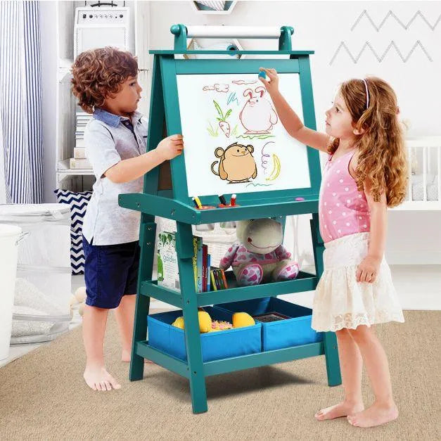 Kids drawing on a double-sided easel with paper roll and storage in a playroom