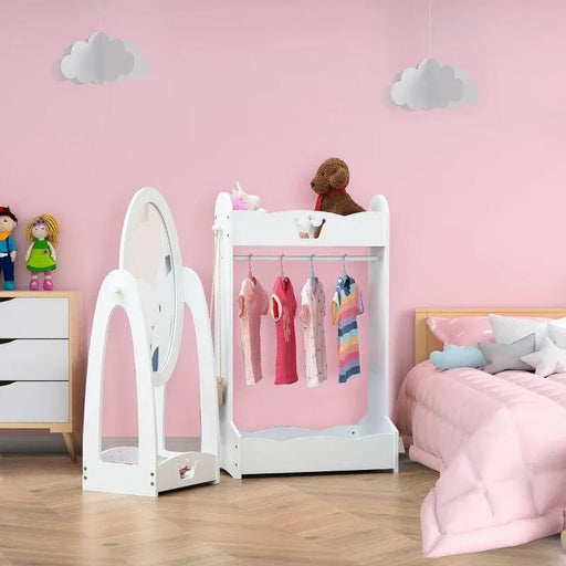 Kids dress up set with 360 rotatable mirror, clothes rail, and crown design in pink bedroom