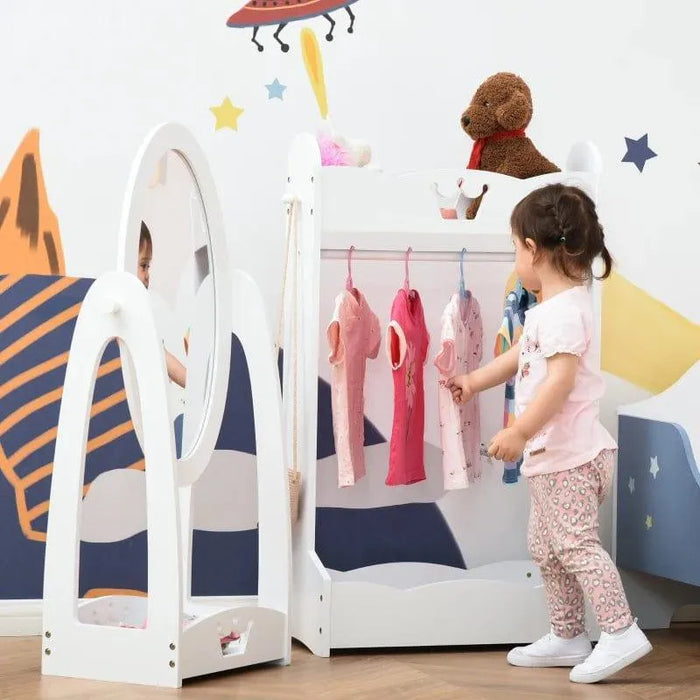 Toddler using white kids dress up set with 360 rotatable mirror and clothes rail, nursery room