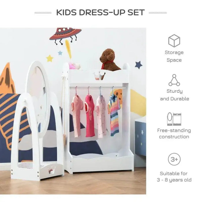 White kids dress-up set with rotatable mirror, clothes rail, and storage, in playful room.