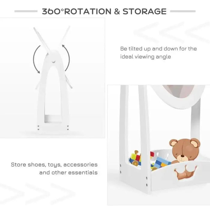 White kids' dress up set with 360° rotatable mirror, crown cut-out, and toy storage shelf.