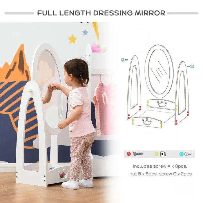 Toddler using white kids dress up set with rotatable mirror and crown cut-out design