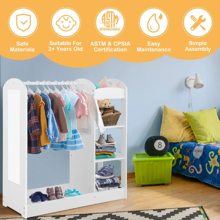 Kids Dress-Up Wardrobe - White | Mirror, Hanger and Storage Shelves COSTWAY - Little and Giant Explorers Costway