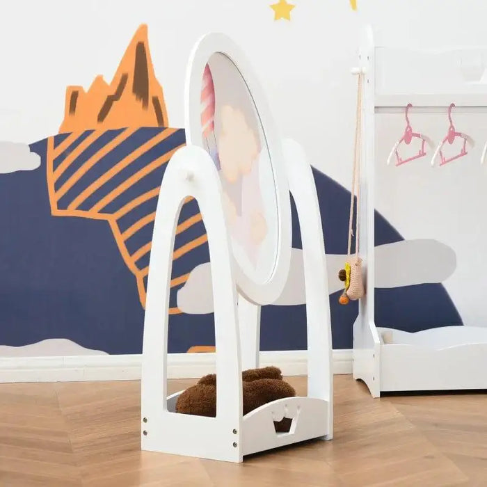 White kids full length adjustable dressing mirror with 360 rotation in a playroom