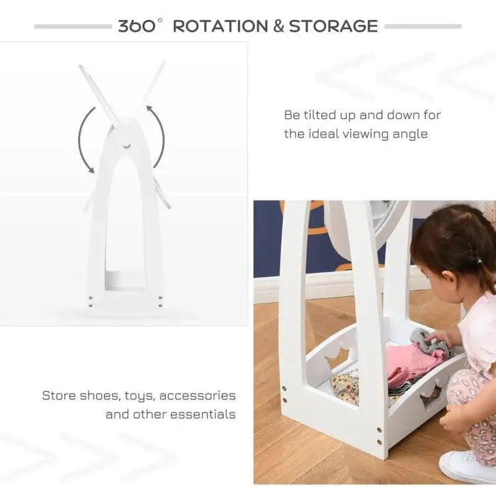 Kids white full length adjustable mirror with 360° rotation and storage drawer
