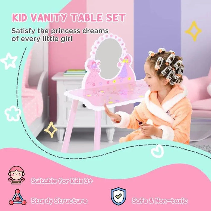Pink kids dressing table and chair set with cartoon flower and butterfly design, girl playing