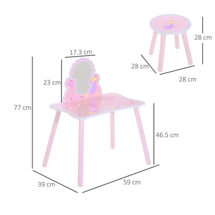 Pink kids dressing table and chair set with cartoon flower, butterfly design and measurements