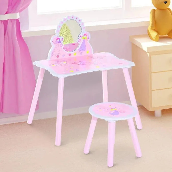 Pink kids dressing table and chair set with cartoon flower and butterfly designs