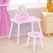 Pink kids dressing table and chair set with cartoon flower and butterfly designs