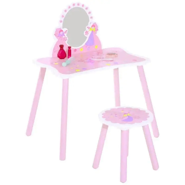 Pink kids dressing table and chair set with cartoon flower and butterfly design