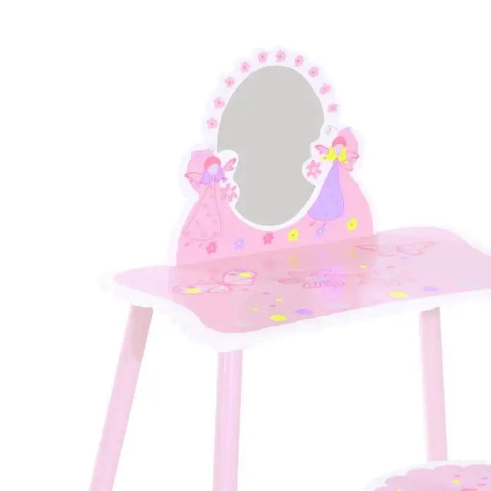 Pink kids dressing table with mirror, cartoon flower and butterfly design