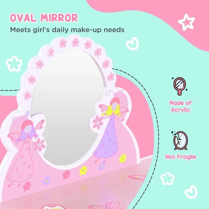 Pink kids dressing table mirror with cartoon flower and butterfly fairy design, acrylic, durable