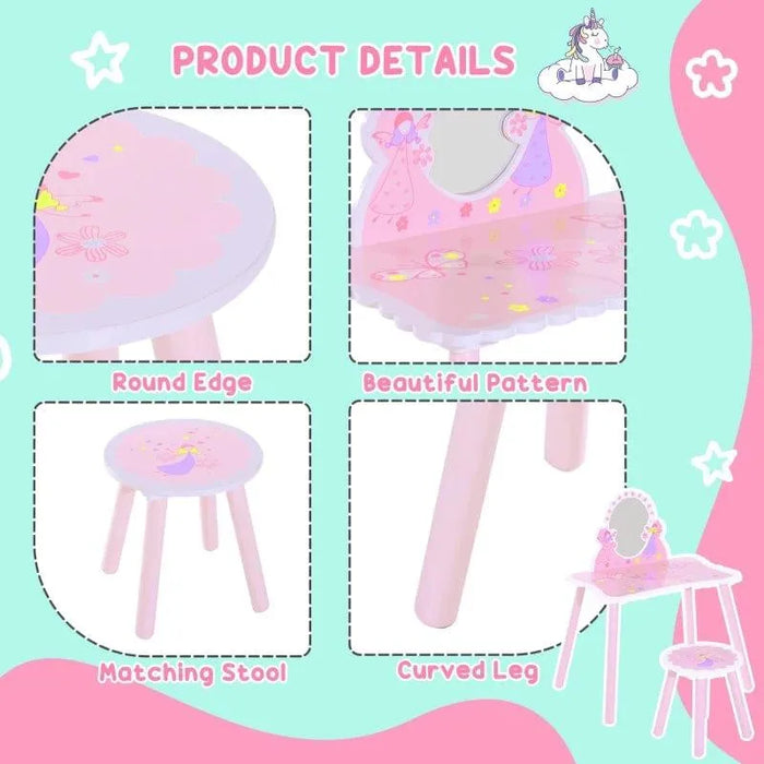 Kids pink dressing table and chair set with cartoon flower and butterfly pattern, stool included
