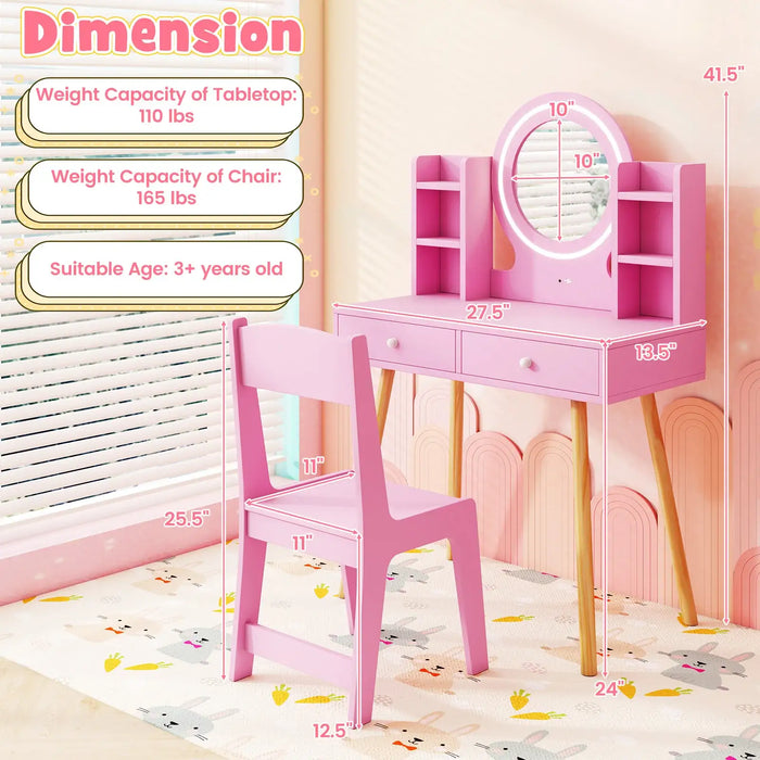 Kids Dressing Table and Chair Set – Pink | LED Lighted Mirror - Storage Drawers COSTWAY - Little and Giant Explorers Costway