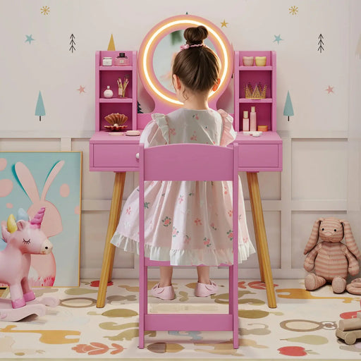 Kids Dressing Table and Chair Set – Pink | LED Lighted Mirror - Storage Drawers COSTWAY - Little and Giant Explorers Costway