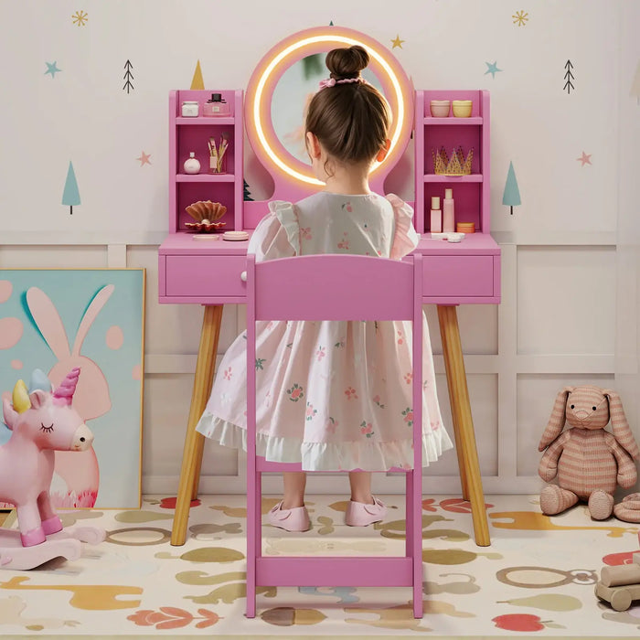 Kids Dressing Table and Chair Set – Pink | LED Lighted Mirror - Storage Drawers COSTWAY - Little and Giant Explorers Costway